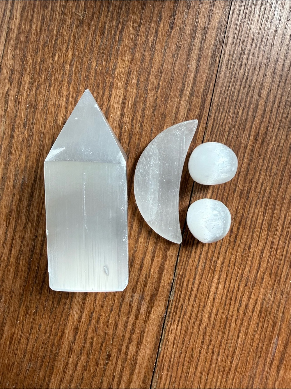 Selenite Crystal Set - Point, Crescent Moon & Spheres in Frosty White